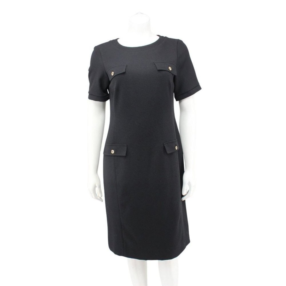 Jones New York Black  Short Sleeve Gold Button Pocket Front Dress Size 8